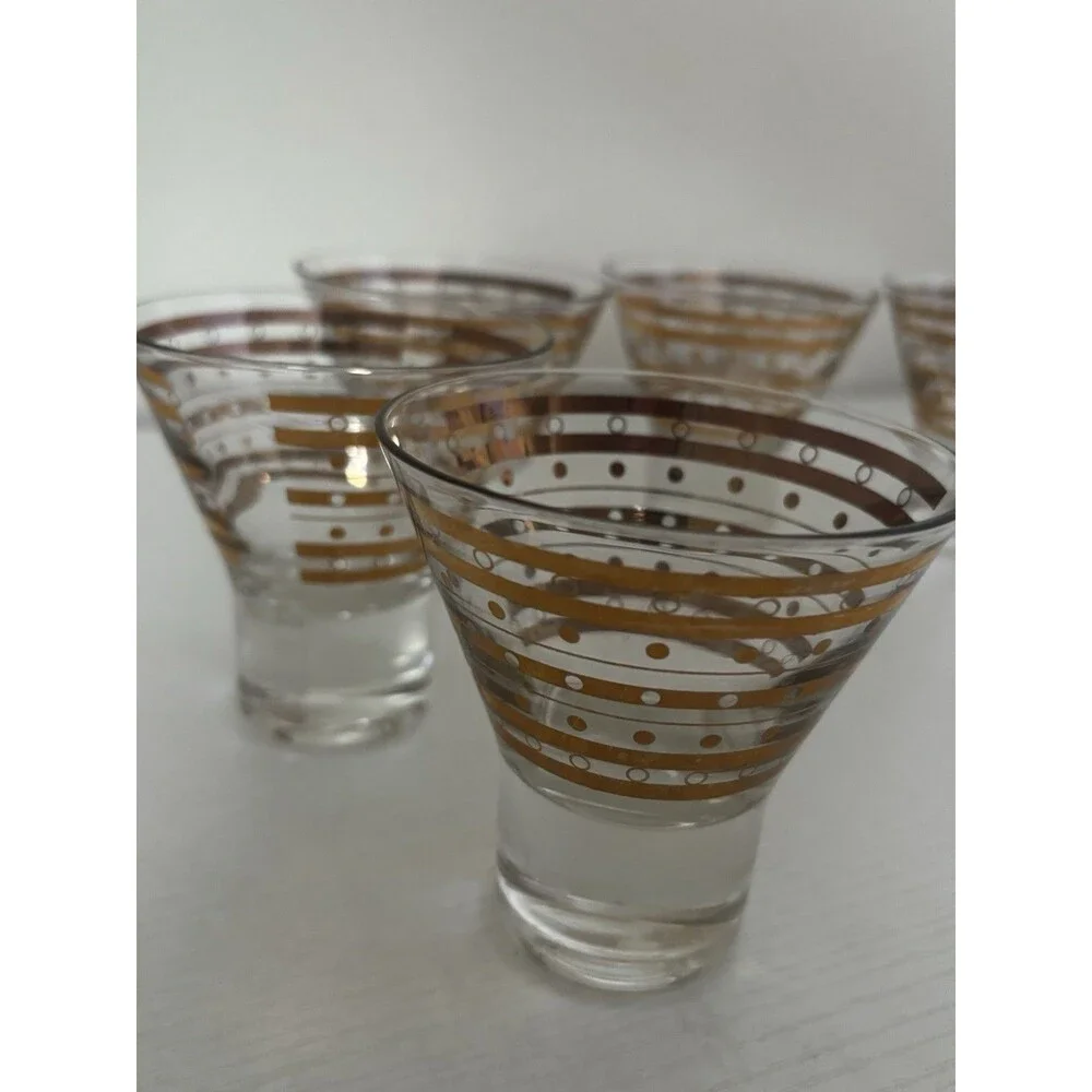 5 Vintage MCM Art Deco Dessert Cocktail Martini Glasses Flared Gold Rim 1960s